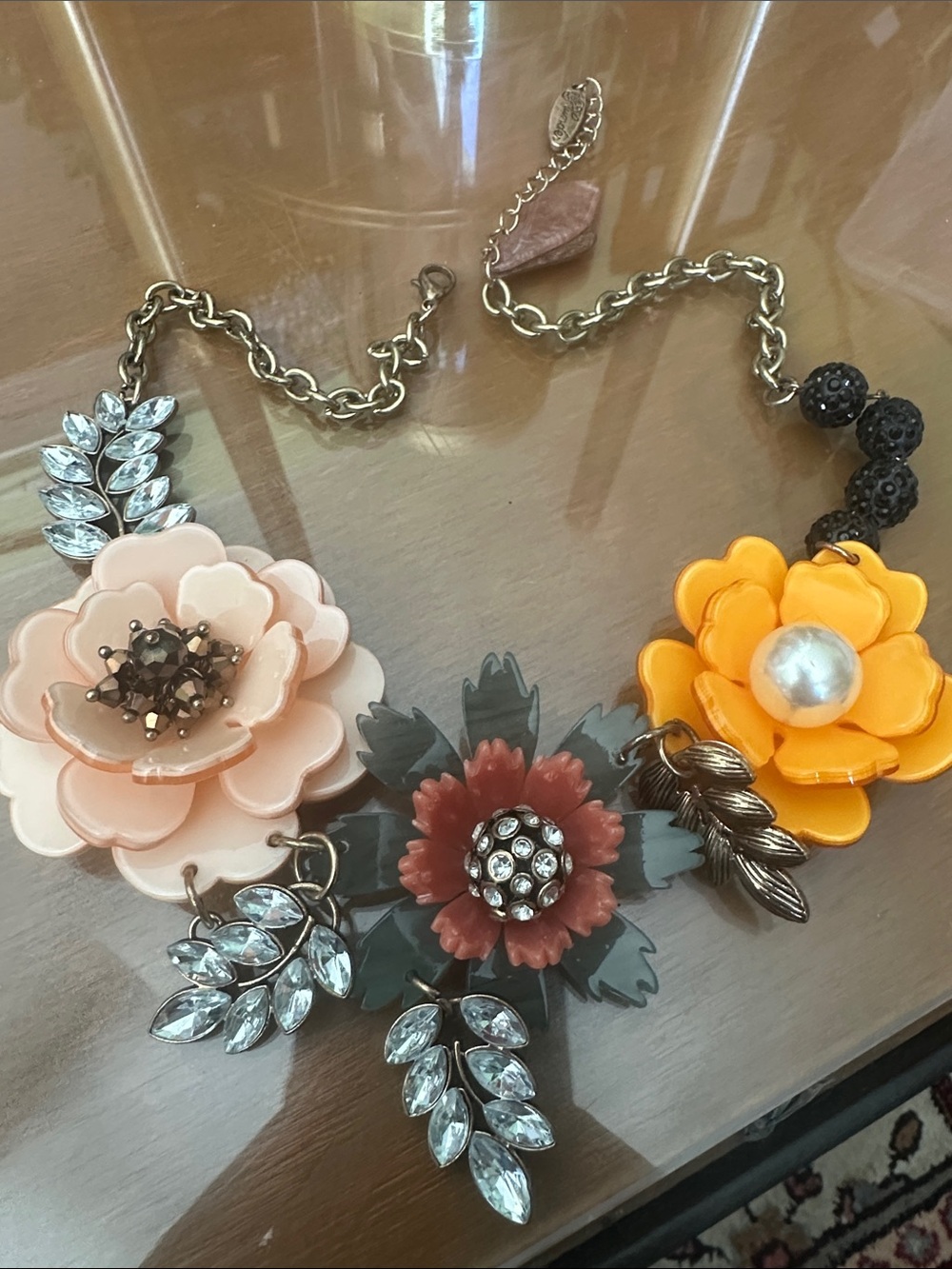 Plunder designer Statement Floral Resin Necklace in Peach, Coral & Yellow